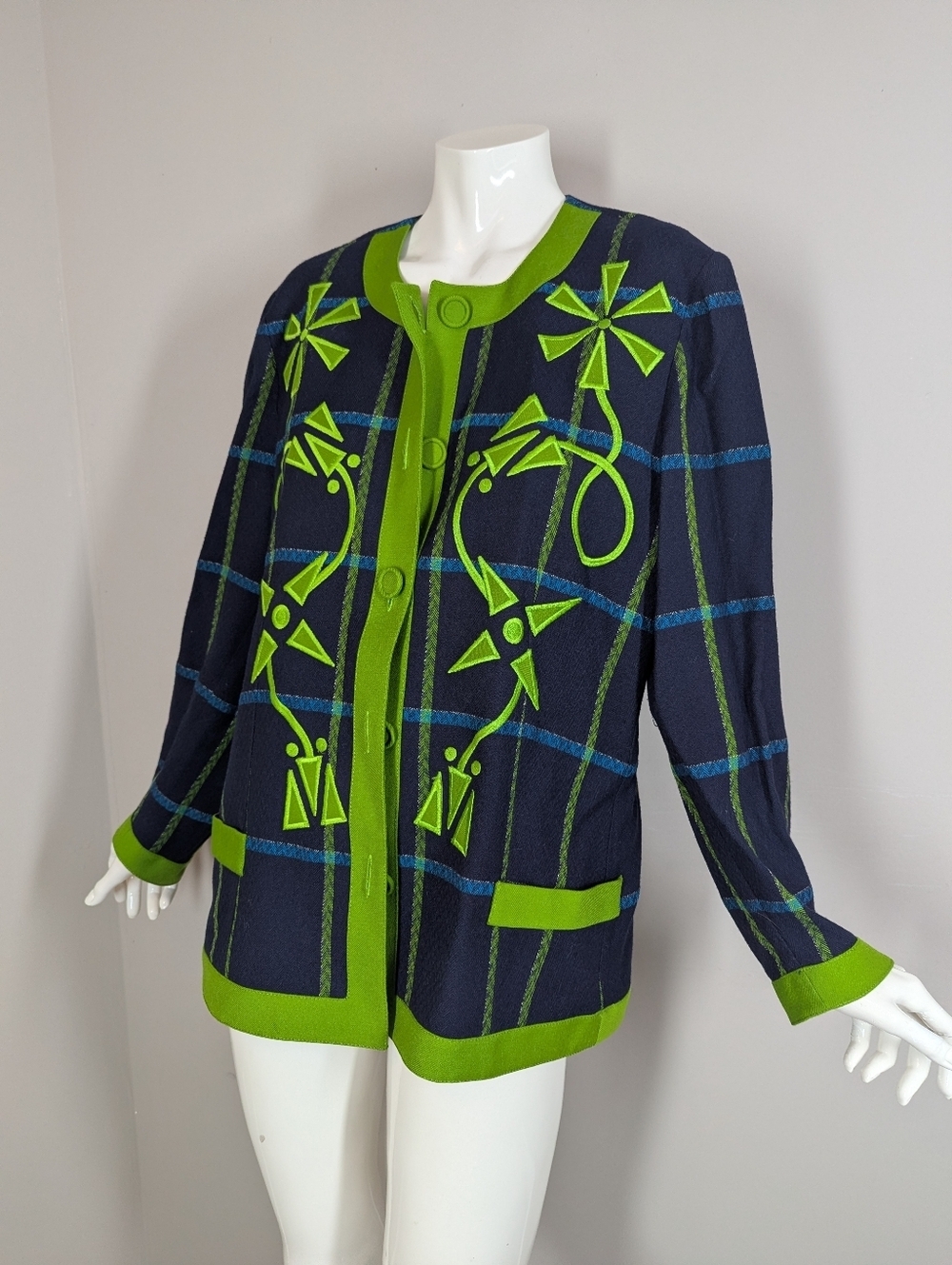 Vintage Lucien Daunois Wool Blazer Jacket Green Abstract Plaid Statement Art Jac